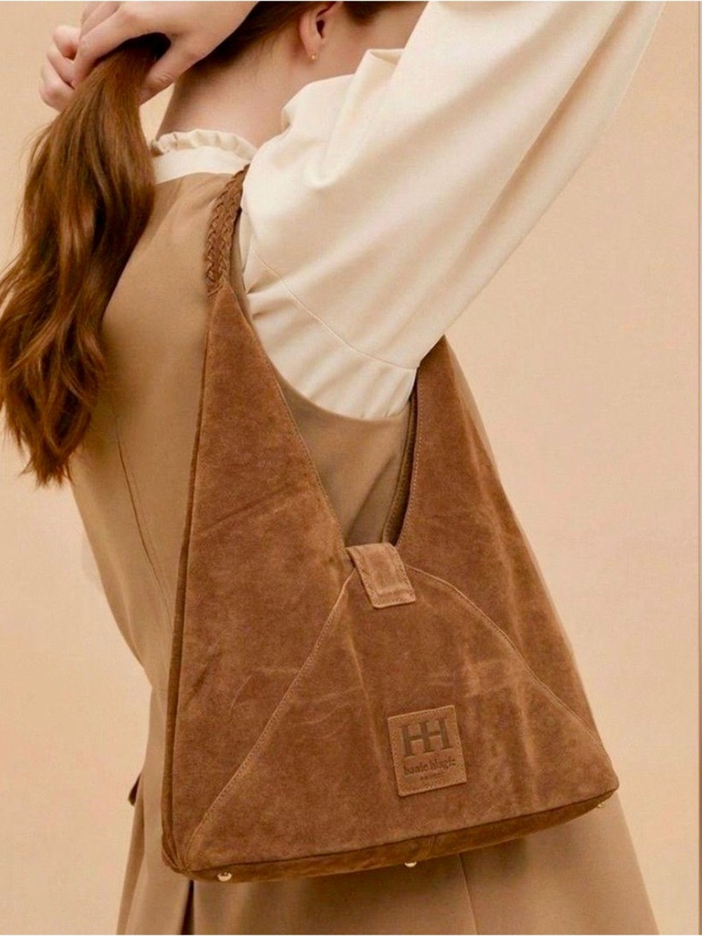HAUTE HIPPIE STYLE Triangle Hobo Shoulder Bag 100% Genuine Suede Camel NWT Boho - Picture 2 of 16
